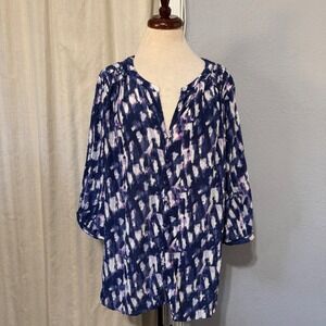 Rose Olive Blue White Purple Abstract Print Smocked Neck Tunic Top Plus Size 2X